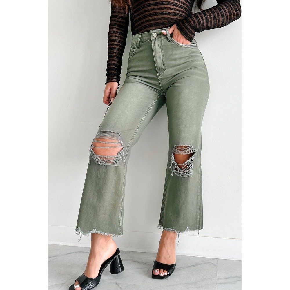 Altard State Jeans Women 29 Olive Green Distressed Wide Leg Crop Pants NWT - Picture 1 of 13